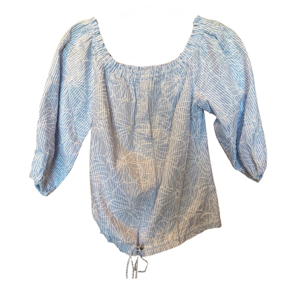 NWT Tyler Böe Blue Puff Sleeve Peasant Blouse Cottagecore Coastal Tie-Hem Small